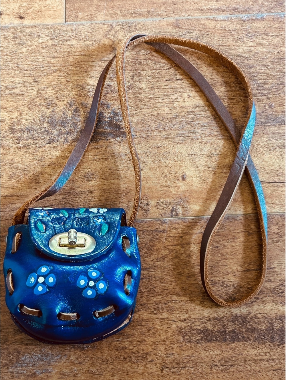Vintage Small Hand-Painted Blue Leather Crossbody Bag with Floral Design